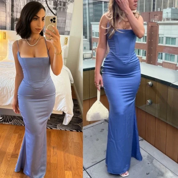 House of CB 'Olivette' Periwinkle Satin Corset Maxi Dress NWOT size M